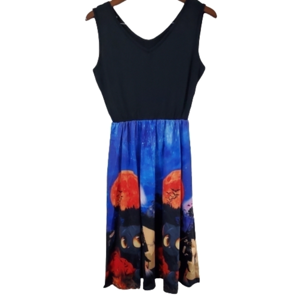 NWOT Black Blue Cat Novelty Fit and Flare Dress Size Medium